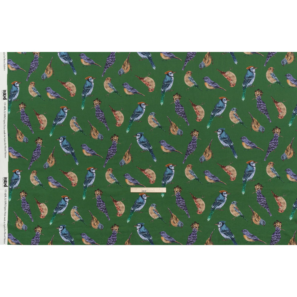 Linen and Rayon Woven - Green, Blue and Beige Little Birds - Birdsong Saunter Print - Mood Exclusive Acadia Collection - Full