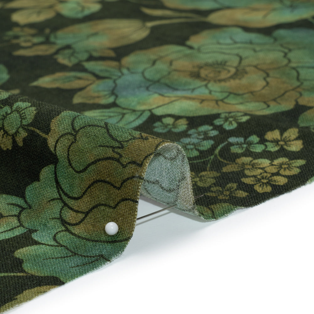 Linen and Rayon Woven - Green, Olive and Navy Floral - Secret Garden Print - Mood Exclusive Acadia Collection - Detail
