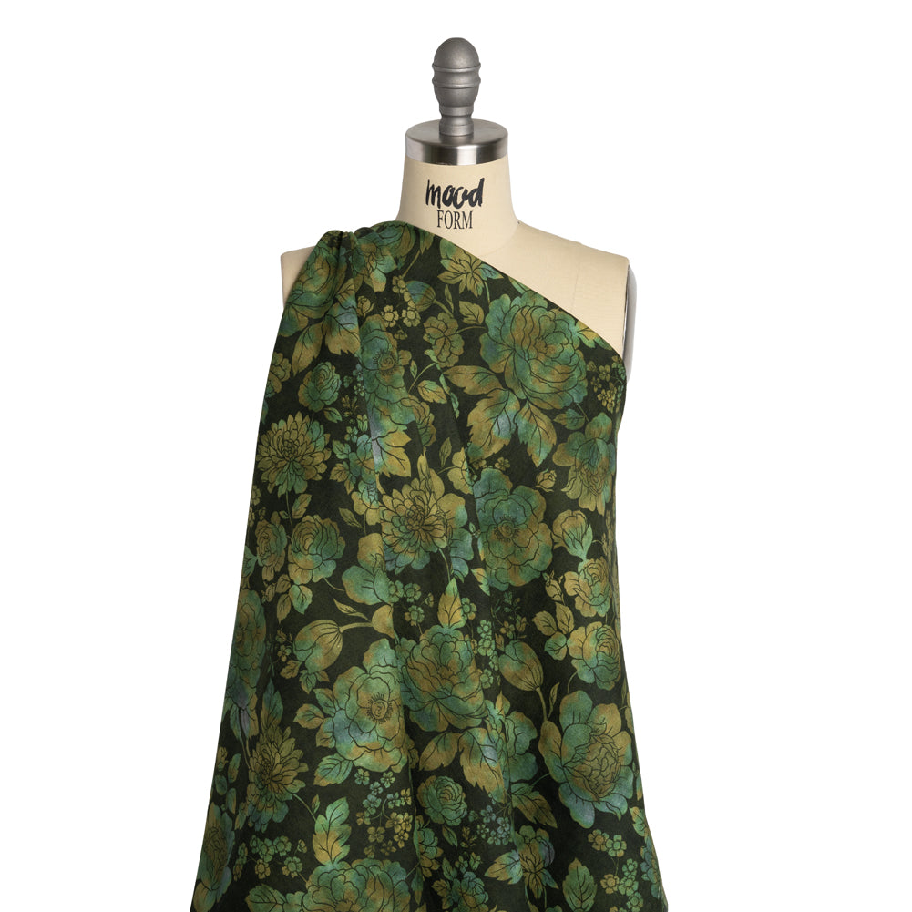 Linen and Rayon Woven - Green, Olive and Navy Floral - Secret Garden Print - Mood Exclusive Acadia Collection - Drape