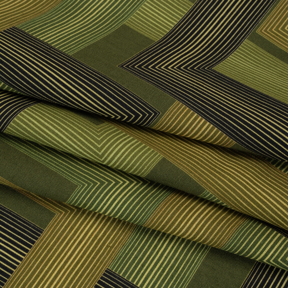Linen and Rayon Woven - Olive and Hunter Green Geometric Lines - Hedge Maze Print - Mood Exclusive Acadia Collection - Folded