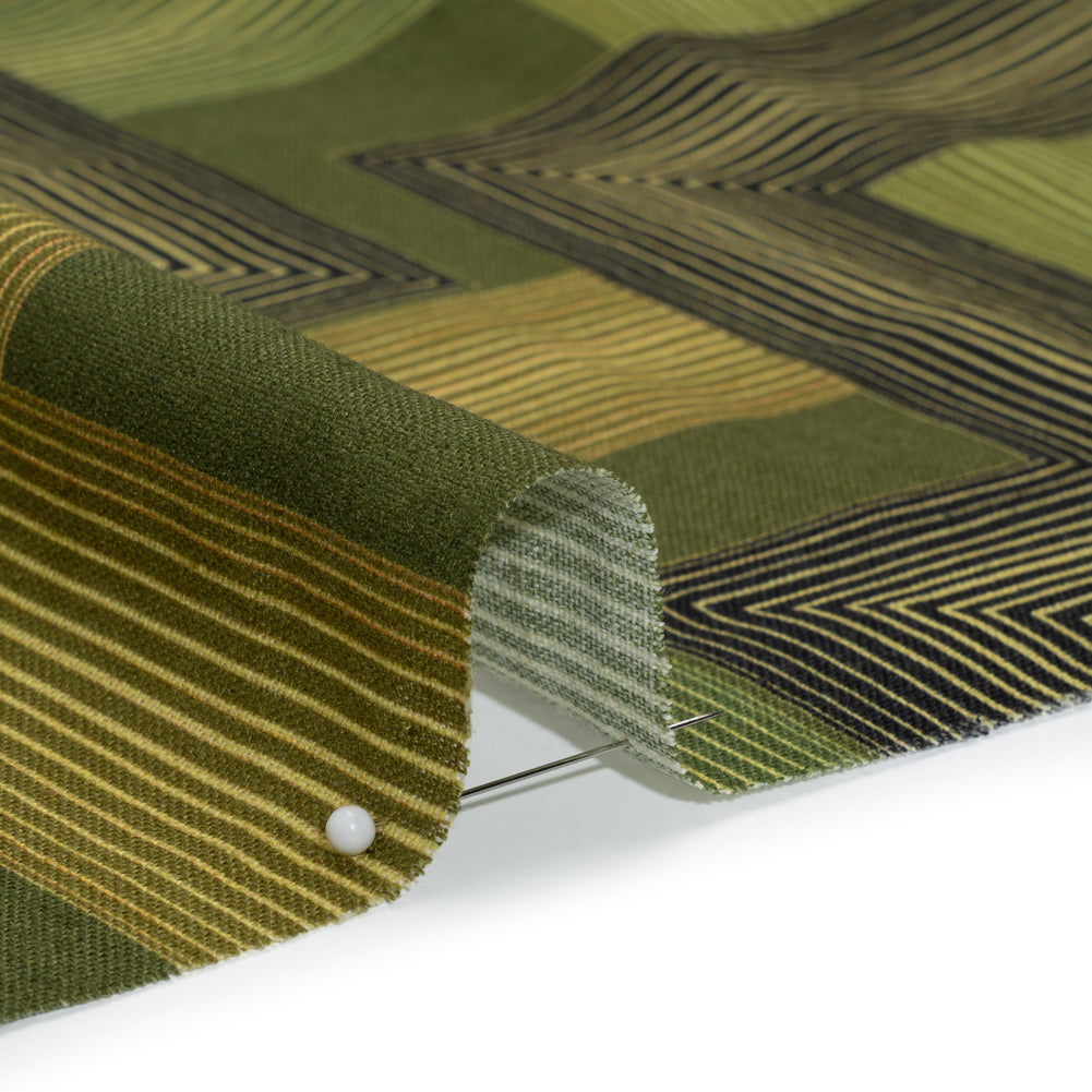 Linen and Rayon Woven - Olive and Hunter Green Geometric Lines - Hedge Maze Print - Mood Exclusive Acadia Collection - Detail