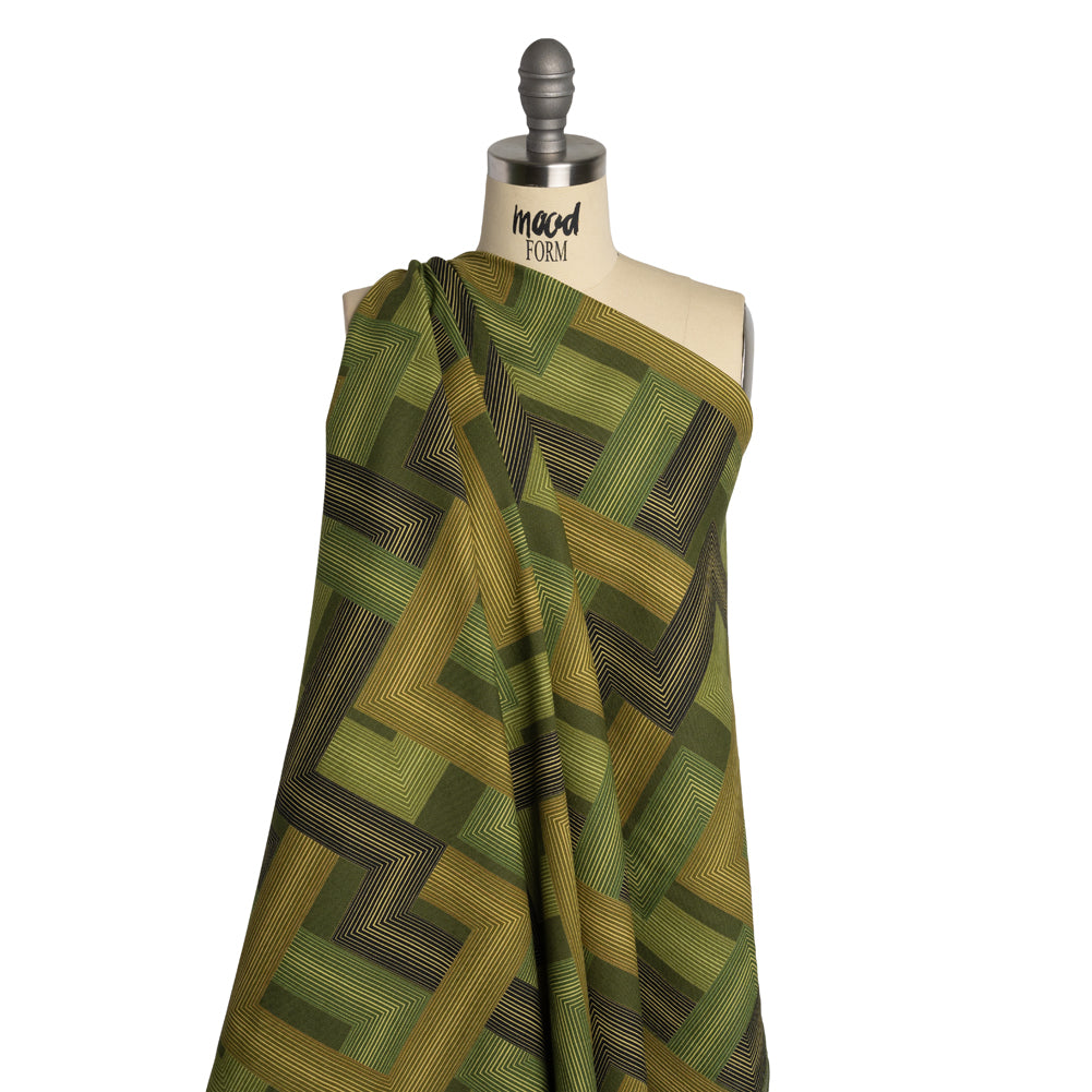 Linen and Rayon Woven - Olive and Hunter Green Geometric Lines - Hedge Maze Print - Mood Exclusive Acadia Collection - Drape
