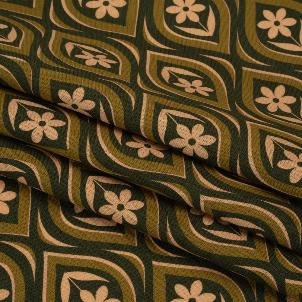 Linen and Rayon Woven - Olive, Hunter Green, and Beige Floral Ogees - Woodland Blooms Print - Mood Exclusive Acadia Collection - Folded