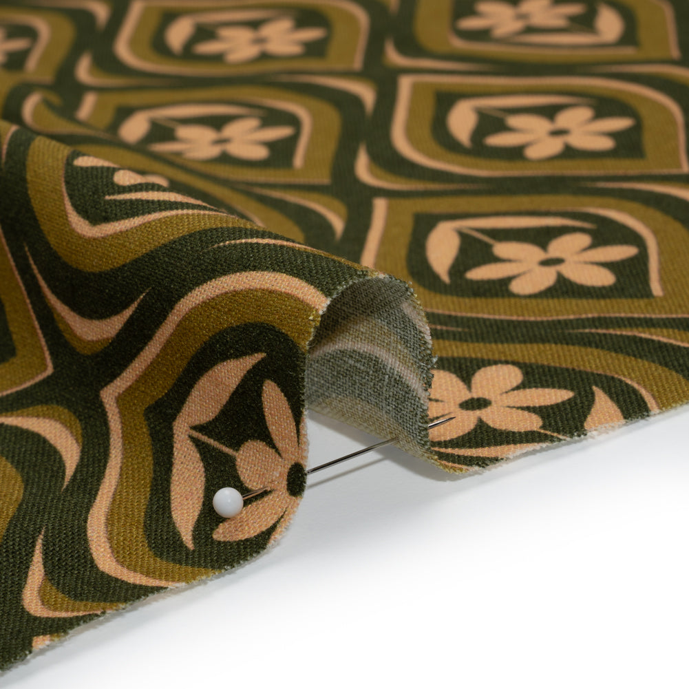 Linen and Rayon Woven - Olive, Hunter Green, and Beige Floral Ogees - Woodland Blooms Print - Mood Exclusive Acadia Collection - Detail