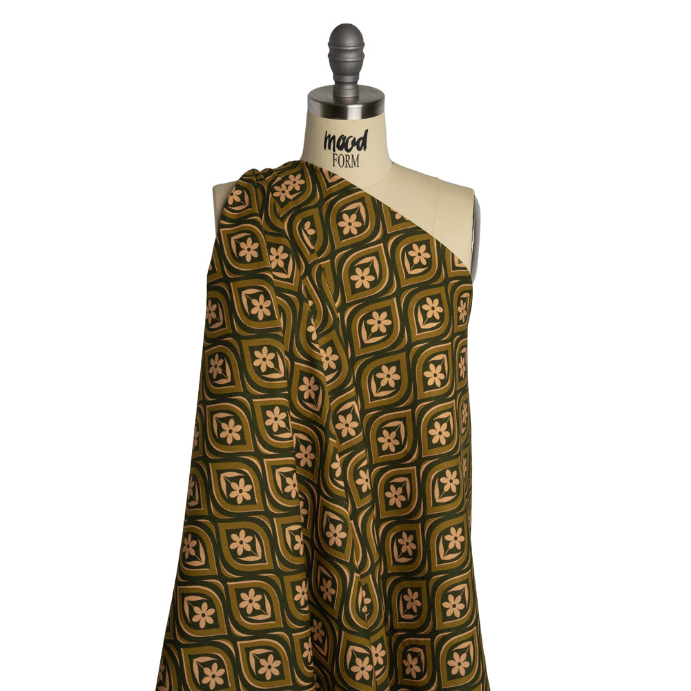 Linen and Rayon Woven - Olive, Hunter Green, and Beige Floral Ogees - Woodland Blooms Print - Mood Exclusive Acadia Collection - Drape