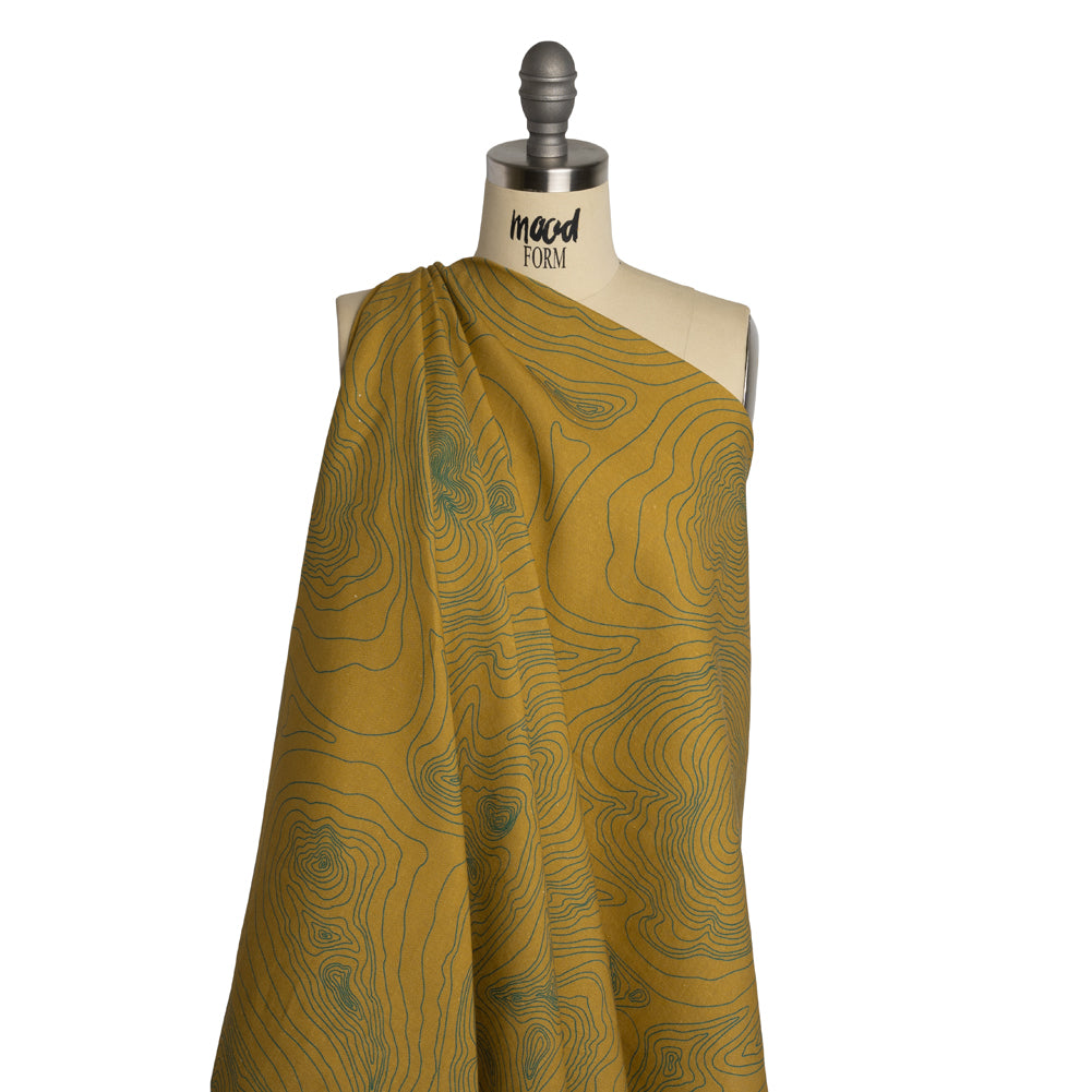 Linen and Rayon Woven - Olive and Hunter Green Abstract Lines - Topographic Map Print - Mood Exclusive Acadia Collection - Drape