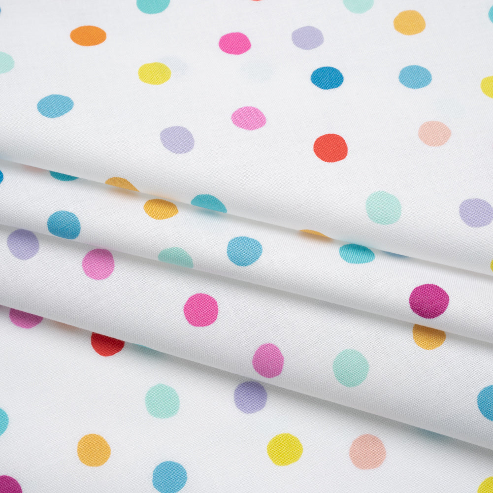 Printed Quilting Cotton by Ghazal Razavi for FIGO Studio - Rainbow and White Pom Poms - Dovetail Collection Folded