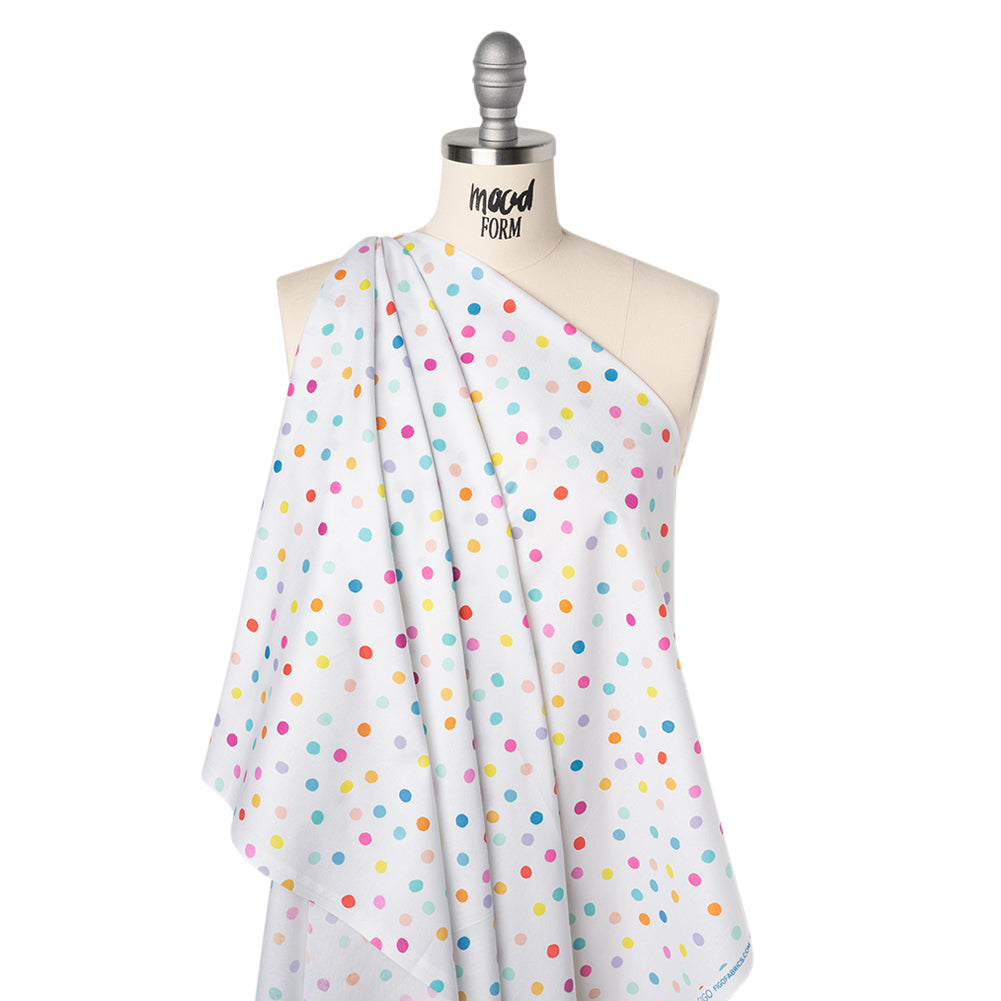 Printed Quilting Cotton by Ghazal Razavi for FIGO Studio - Rainbow and White Pom Poms - Dovetail Collection Drape
