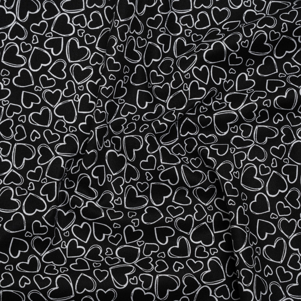 Printed Quilting Cotton by Patrick Lose for Northcott - White on Black Doodle Hearts - Basically Black & White Collection