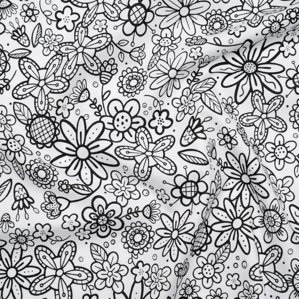 Printed Quilting Cotton by Patrick Lose for Northcott - Black on White Groovy Garden Floral - Basically Black & White Collection