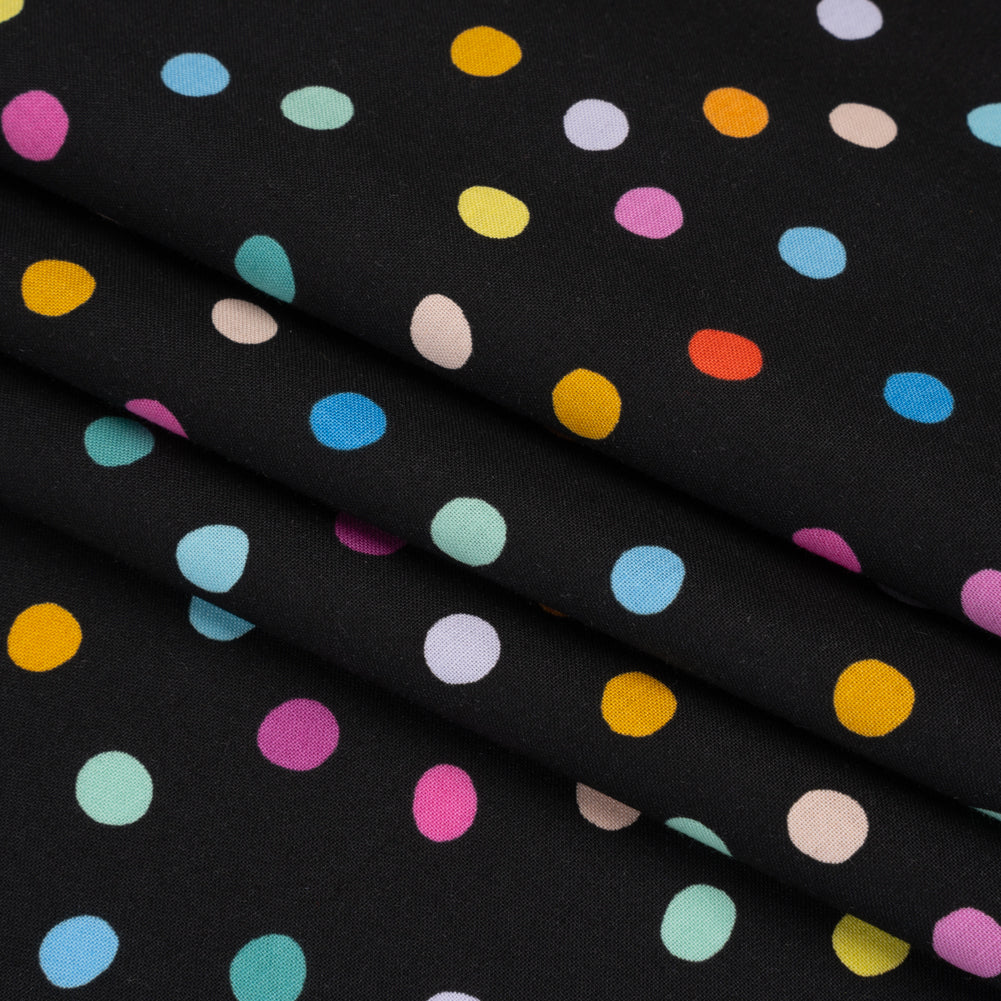 Printed Quilting Cotton by Ghazal Razavi for FIGO Studio - Black and Rainbow Pom Poms - Dusk Collection - Folded