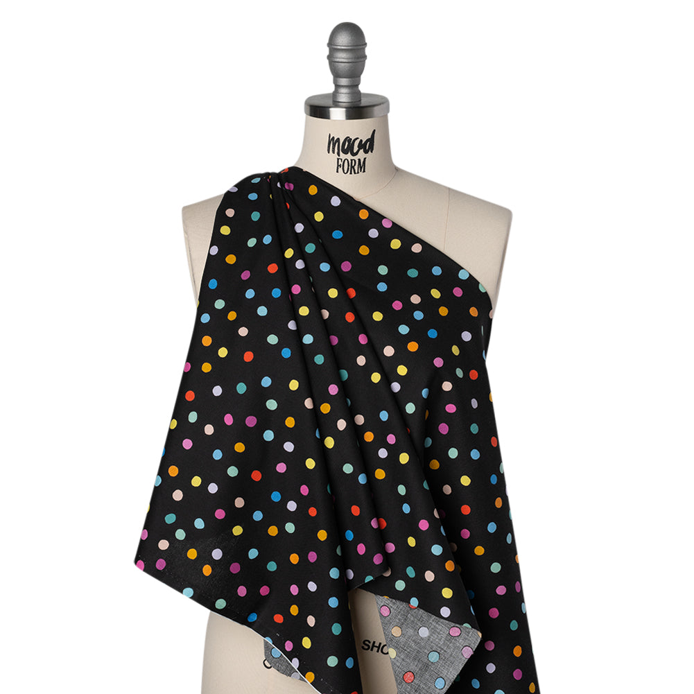 Printed Quilting Cotton by Ghazal Razavi for FIGO Studio - Black and Rainbow Pom Poms - Dusk Collection - Drape