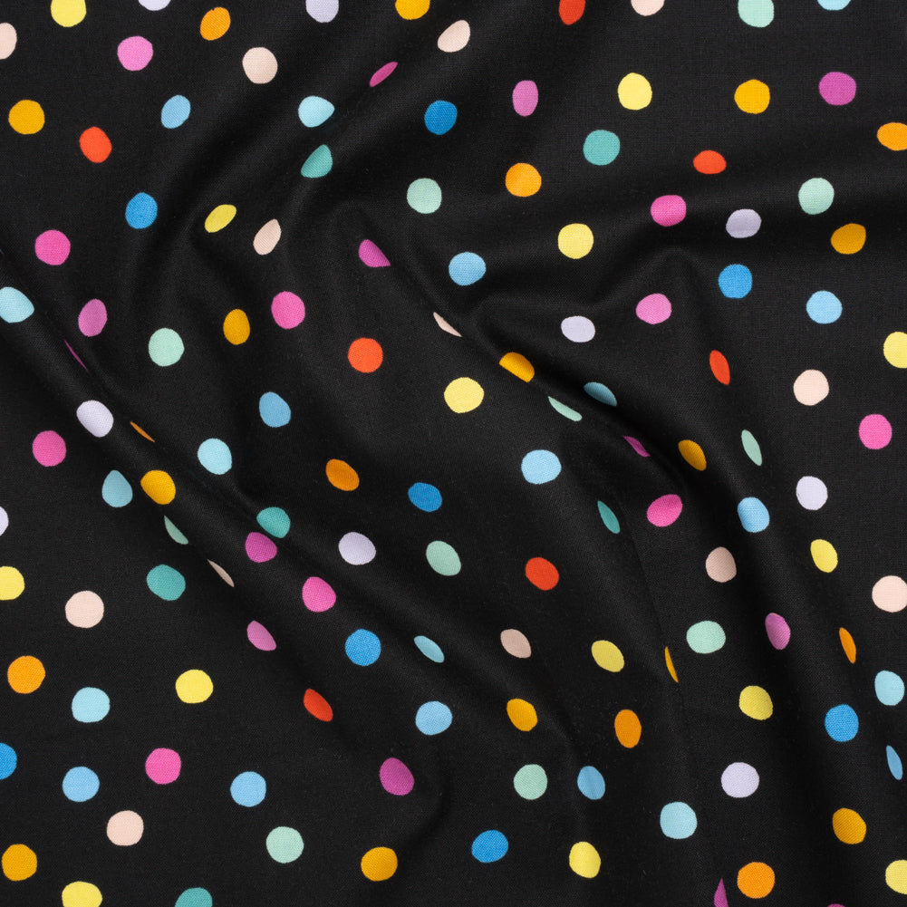 Printed Quilting Cotton by Ghazal Razavi for FIGO Studio - Black and Rainbow Pom Poms - Dusk Collection