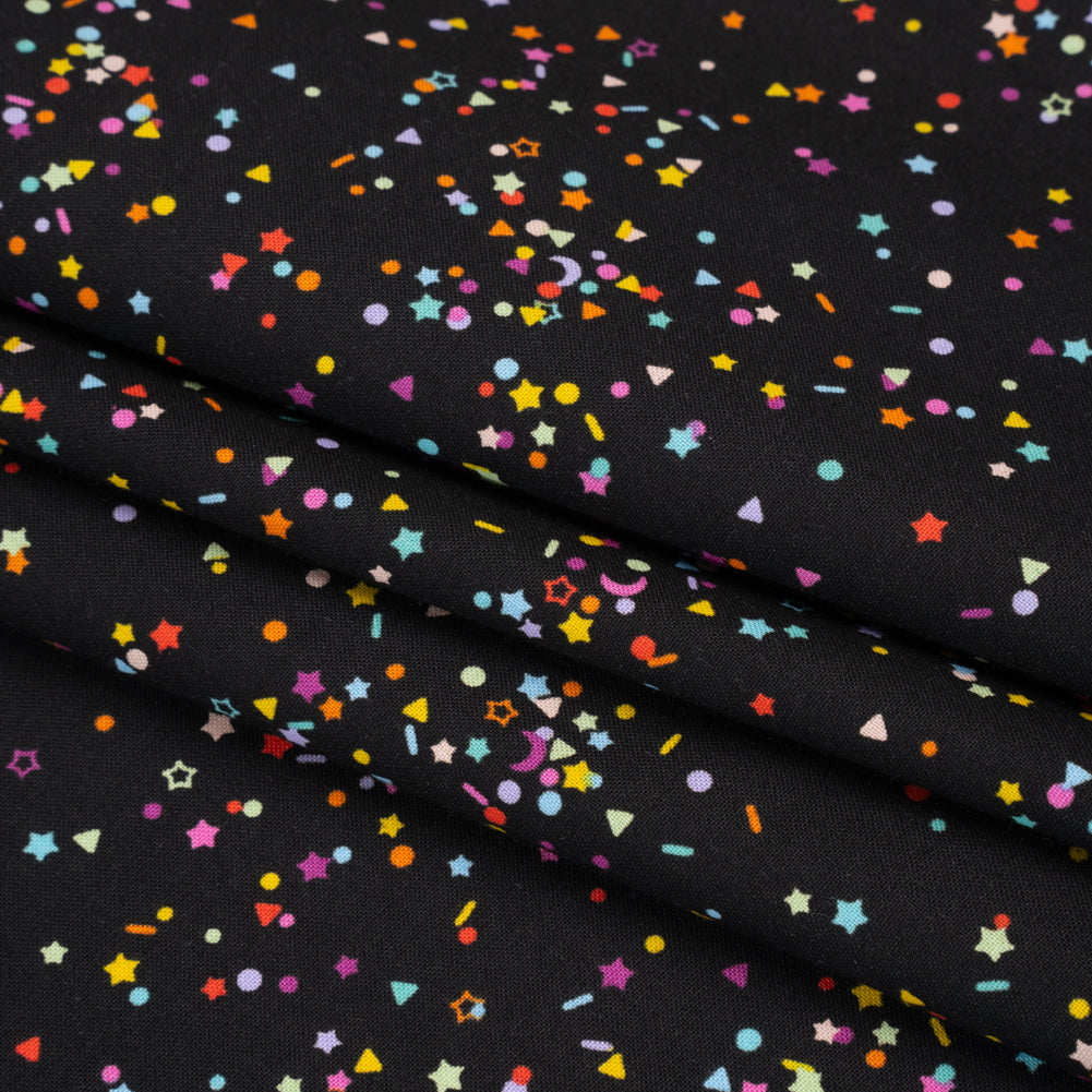 Printed Quilting Cotton by Ghazal Razavi for FIGO Studio - Black and Rainbow Sprinkles - Dusk Collection - Folded
