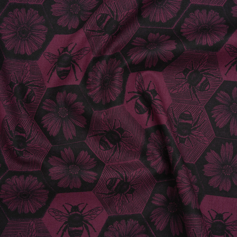 Printed Quilting Cotton by Anna Maria Textiles for Northcott - Mulberry Busy Bees and Floral Honeycomb - Indelible Ink Collection
