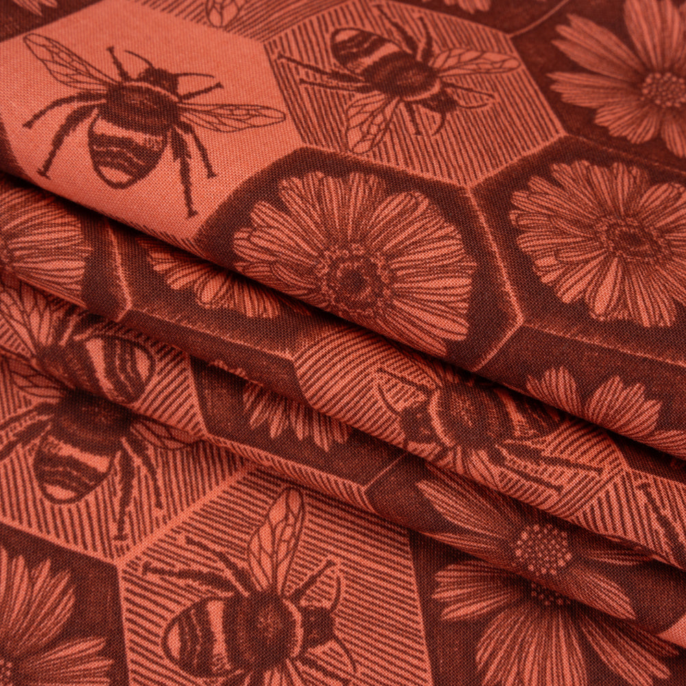 Printed Quilting Cotton by Anna Maria Textiles for Northcott - Coral Busy Bees and Floral Honeycomb - Indelible Ink Collection - Folded