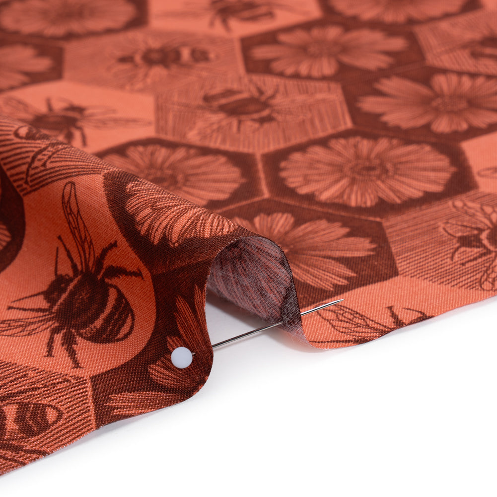 Printed Quilting Cotton by Anna Maria Textiles for Northcott - Coral Busy Bees and Floral Honeycomb - Indelible Ink Collection - Detail