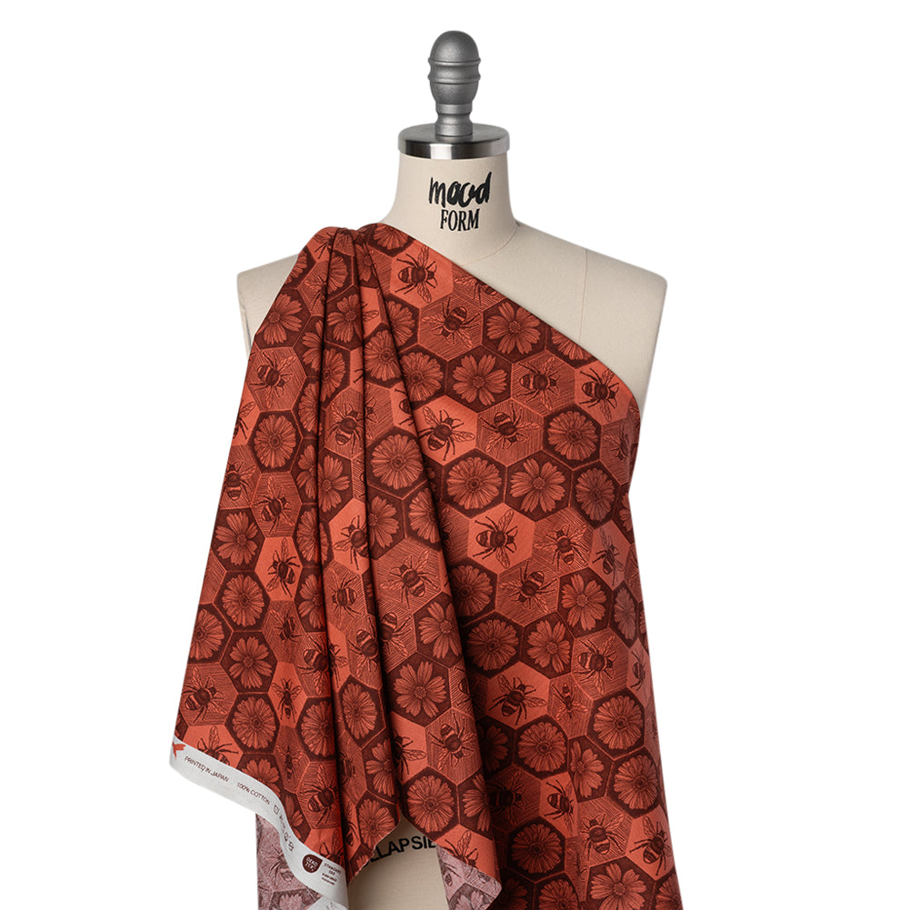 Printed Quilting Cotton by Anna Maria Textiles for Northcott - Coral Busy Bees and Floral Honeycomb - Indelible Ink Collection - Drape