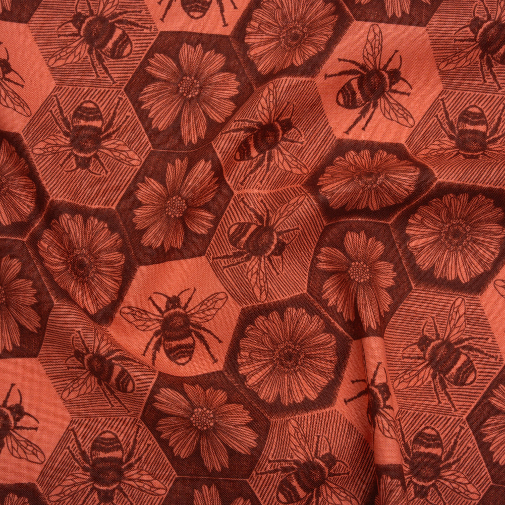 Printed Quilting Cotton by Anna Maria Textiles for Northcott - Coral Busy Bees and Floral Honeycomb - Indelible Ink Collection