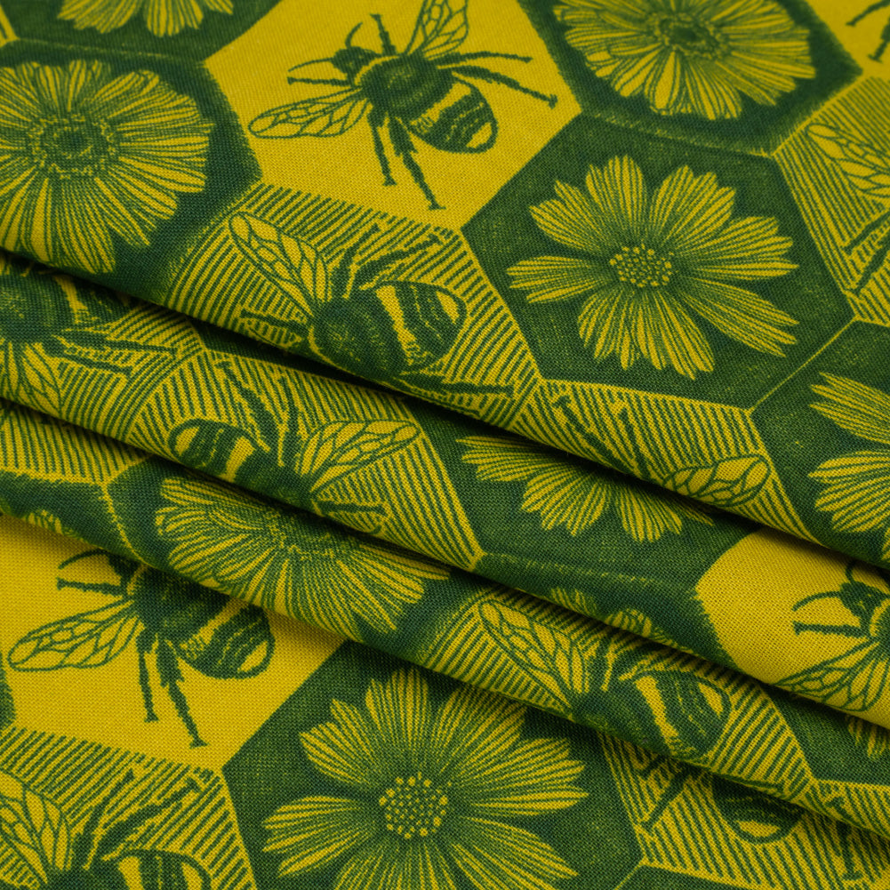 Printed Quilting Cotton by Anna Maria Textiles for Northcott - Citrus Busy Bees and Floral Honeycomb - Indelible Ink Collection - Folded