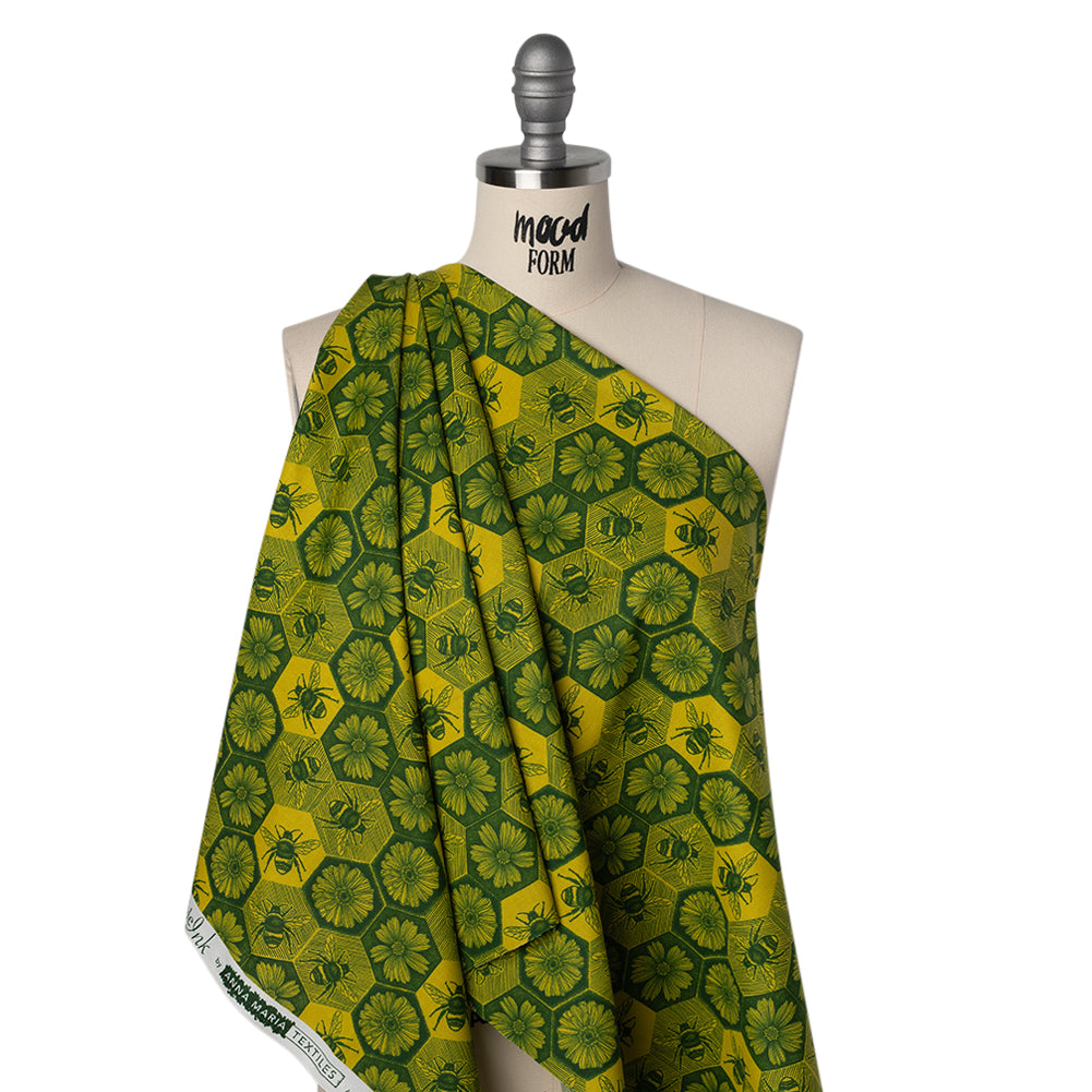 Printed Quilting Cotton by Anna Maria Textiles for Northcott - Citrus Busy Bees and Floral Honeycomb - Indelible Ink Collection - Drape