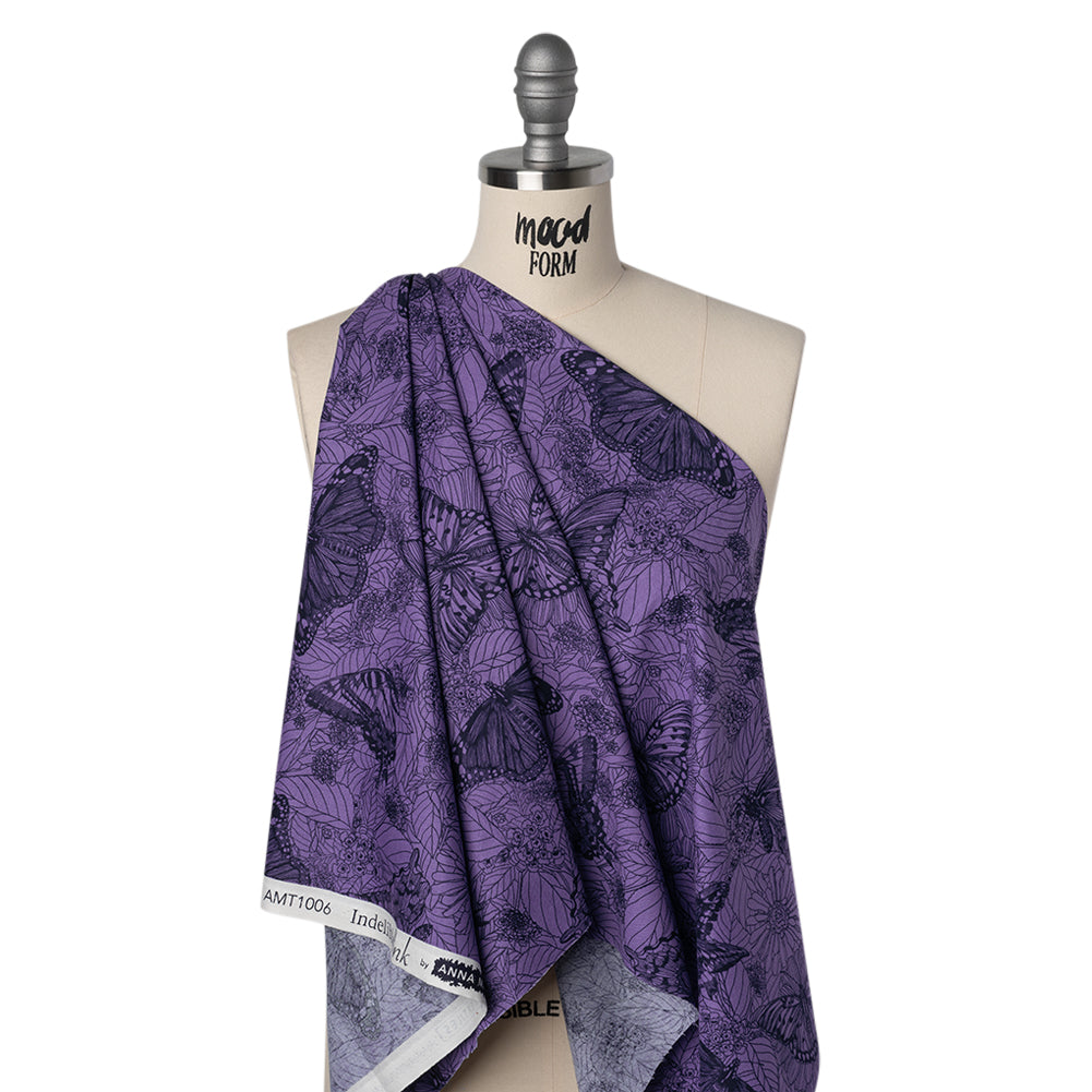Printed Quilting Cotton by Anna Maria Textiles for Northcott - Blueberry Winging It Butterflies and Flowers - Indelible Ink Collection - Drape