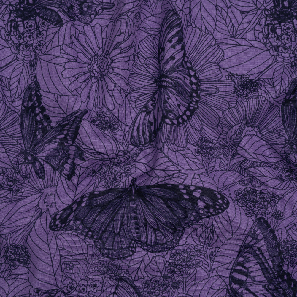 Printed Quilting Cotton by Anna Maria Textiles for Northcott - Blueberry Winging It Butterflies and Flowers - Indelible Ink Collection