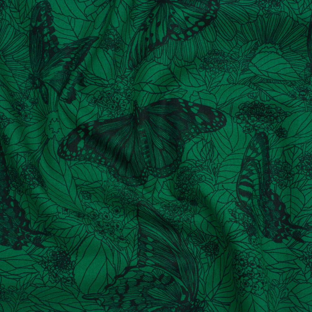 Printed Quilting Cotton by Anna Maria Textiles for Northcott - Jade Winging It Butterflies and Flowers - Indelible Ink Collection