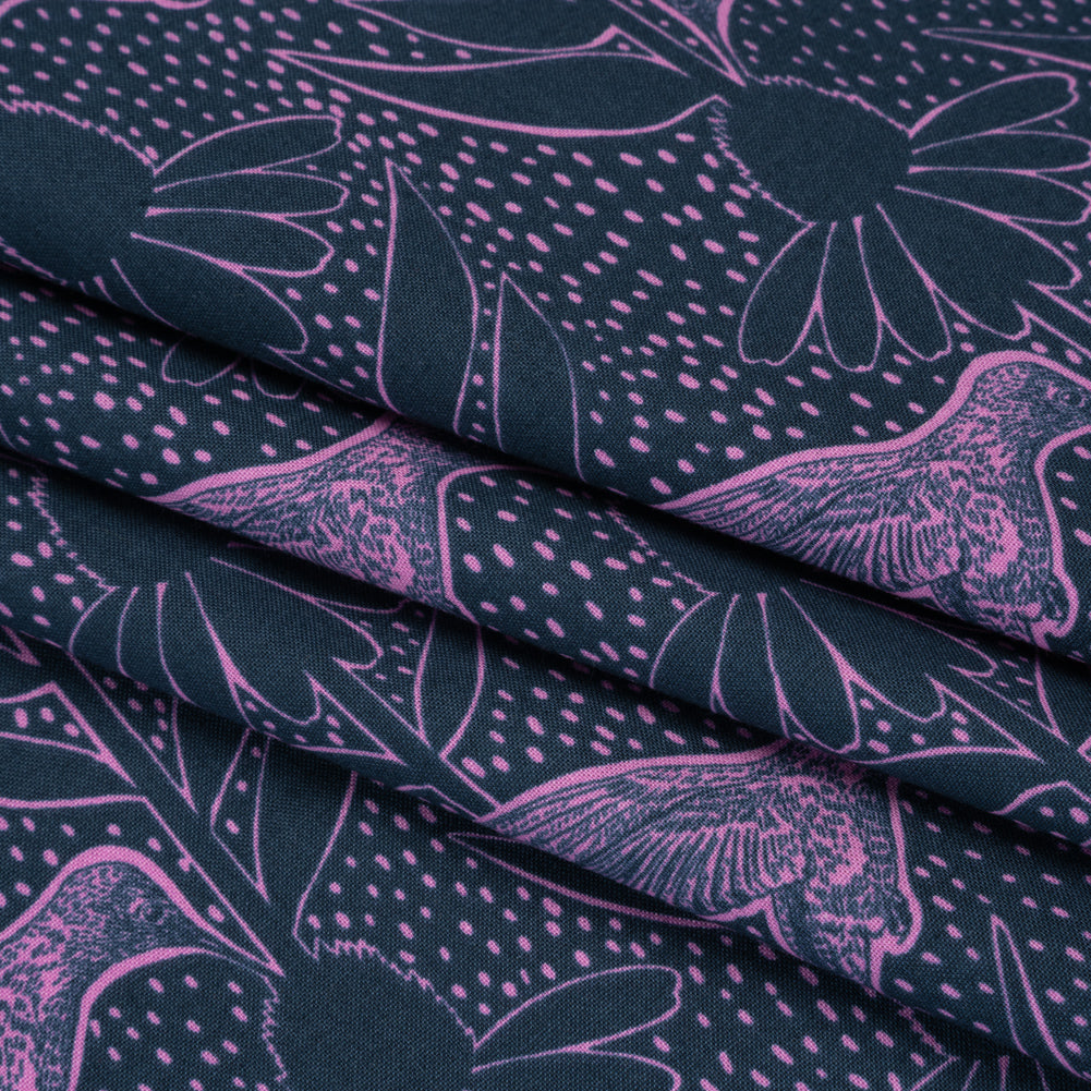 Printed Quilting Cotton by Anna Maria Textiles for Northcott - Navy Hummingbirds and Coneflowers - Indelible Ink Collection - Folded