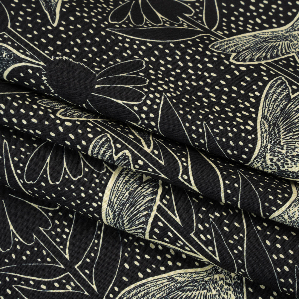 Printed Quilting Cotton by Anna Maria Textiles for Northcott - Black Hummingbirds and Coneflowers - Indelible Ink Collection - Folded