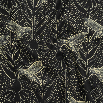 Printed Quilting Cotton by Anna Maria Textiles for Northcott - Black Hummingbirds and Coneflowers - Indelible Ink Collection