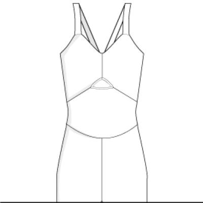 A drawing of a women ' s swimsuit with a halt neck and a short skirt