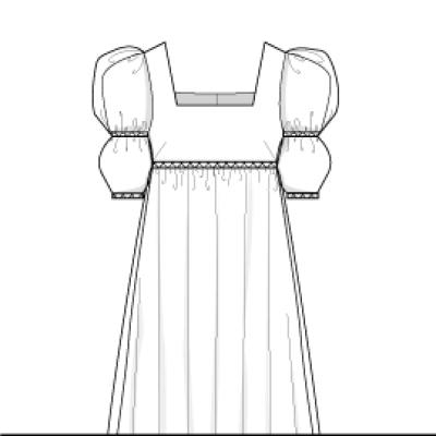 A drawing of a dress with a collar and a long skirt