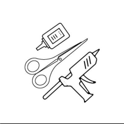 A drawing of a pair of scissors and a glue gun