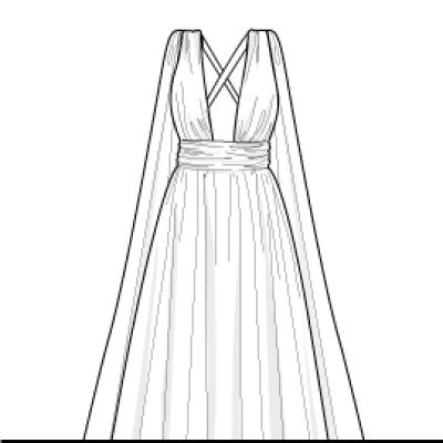 A line drawing of a dress with a cape over it