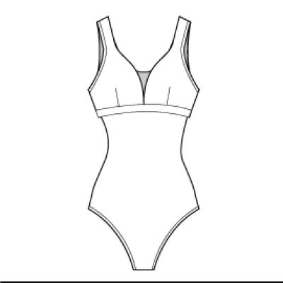 A line drawing of a swimsuit with a high neck and a padded back