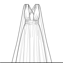 A line drawing of a dress with a cape over it
