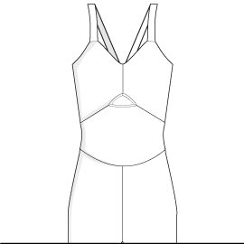 A drawing of a women ' s swimsuit with a halt neck and a short skirt