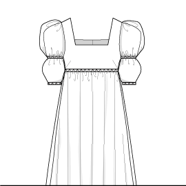 A drawing of a dress with a collar and a long skirt