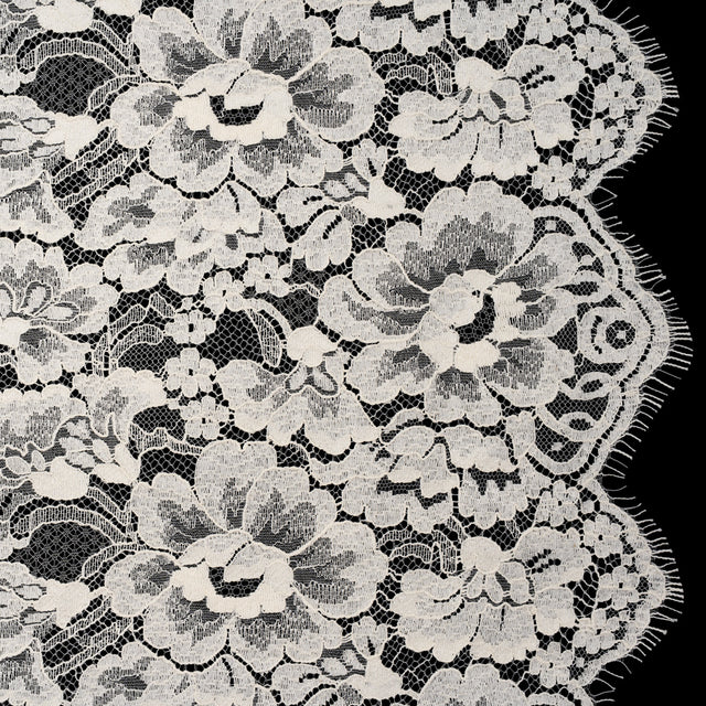 French Mercerized Cotton Leavers Lace with Finished Scalloped Edges by Solstiss - Greige Bold Florals