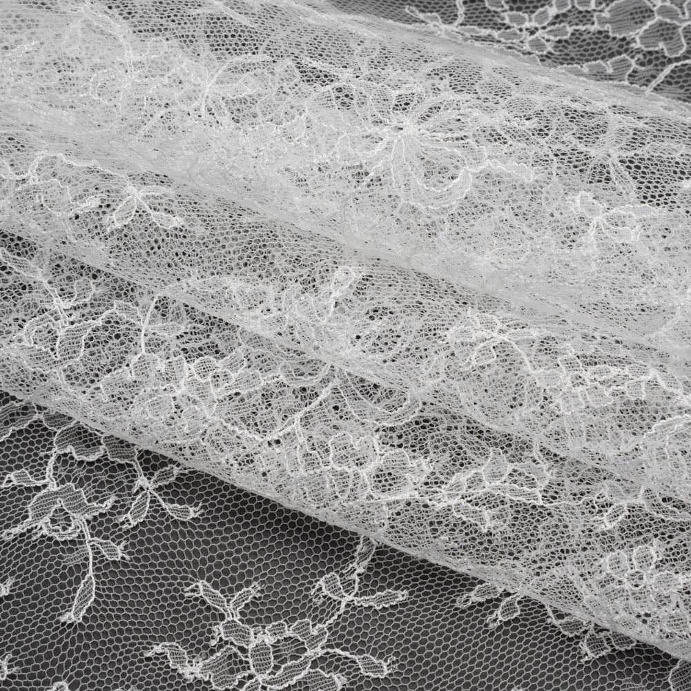 French Chantilly Lace with Finished Scalloped Edges by Solstiss - Greige Abundant Flowers - Folded