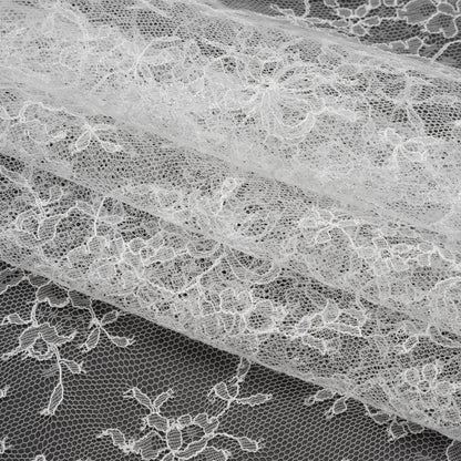 French Chantilly Lace with Finished Scalloped Edges by Solstiss - Greige Abundant Flowers