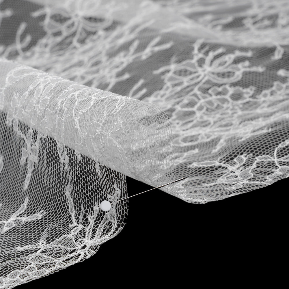 French Chantilly Lace with Finished Scalloped Edges by Solstiss - Greige Abundant Flowers - Detail