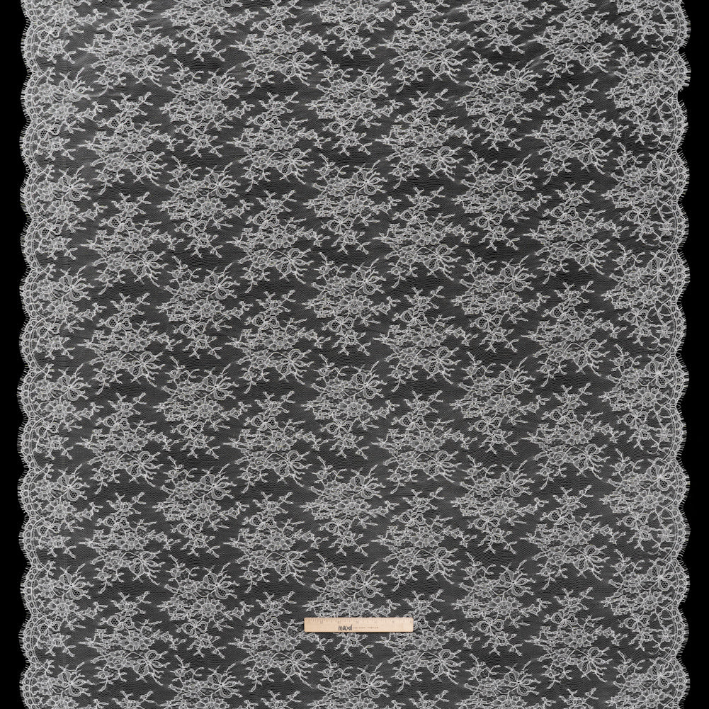 French Chantilly Lace with Finished Scalloped Edges by Solstiss - Greige Abundant Flowers - Full
