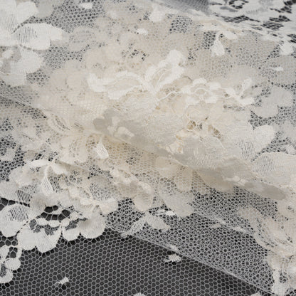 French Cotton Blend Leavers Lace with Finished Scalloped Edges - Greige Classic Floral