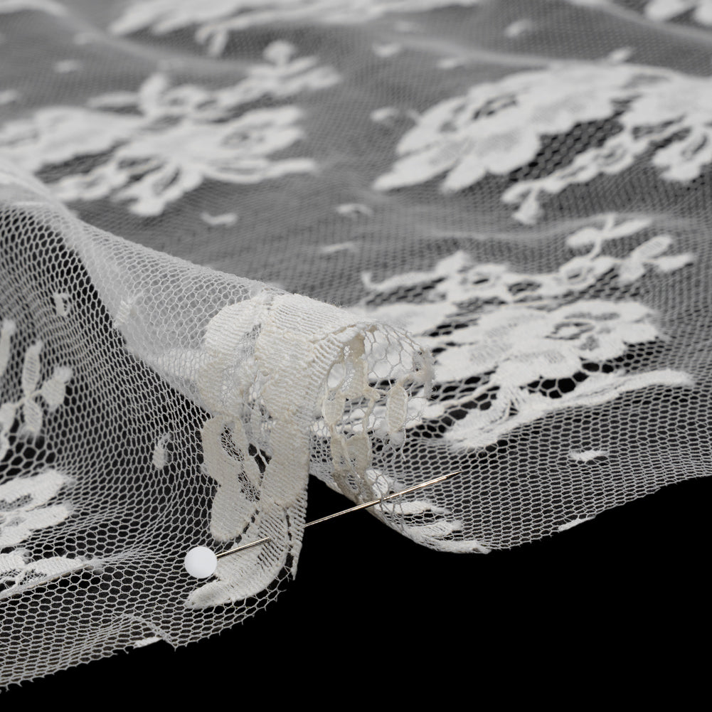 French Cotton Blend Leavers Lace with Finished Scalloped Edges - Greige Classic Floral - Detail