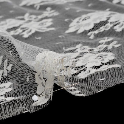 French Cotton Blend Leavers Lace with Finished Scalloped Edges - Greige Classic Floral