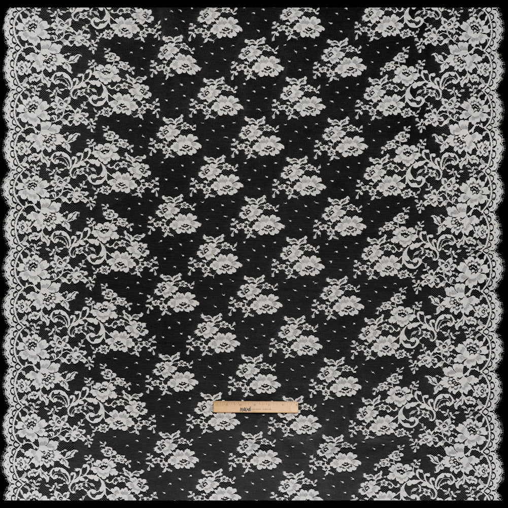 French Cotton Blend Leavers Lace with Finished Scalloped Edges - Greige Classic Floral - Full