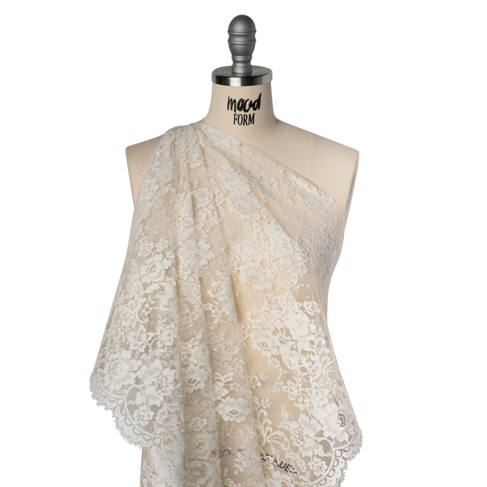 French Cotton Blend Leavers Lace with Finished Scalloped Edges - Greige Classic Floral - Drape