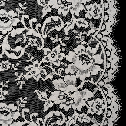 French Cotton Blend Leavers Lace with Finished Scalloped Edges - Greige Classic Floral